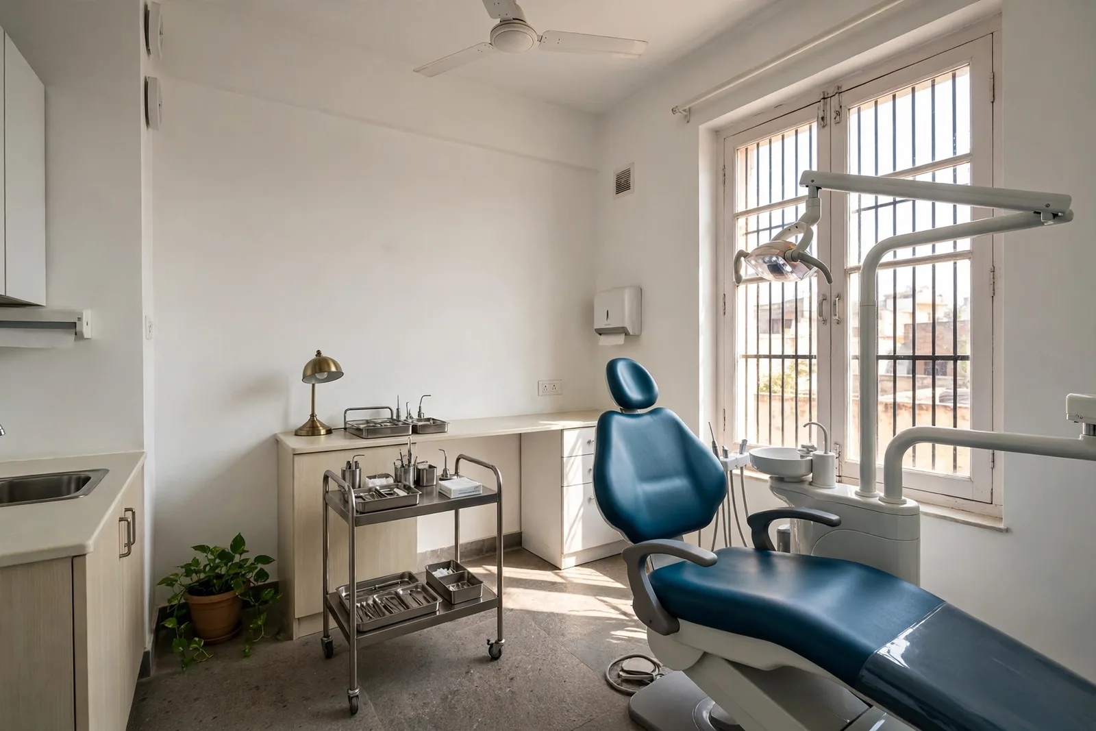 The treatment chair by the window at Shivaaye Dental Hospital