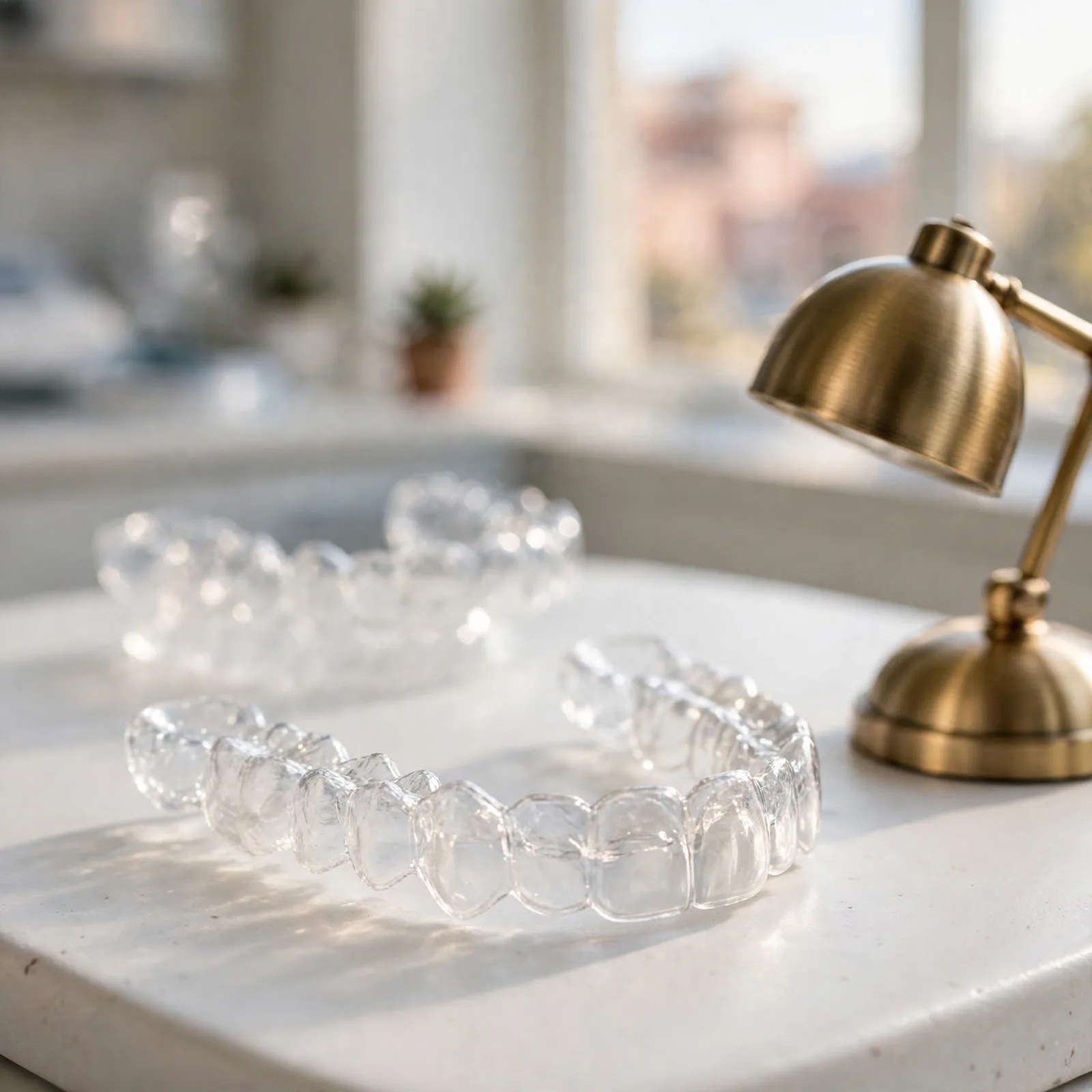 A clear aligner held in the hand at Shivaaye Dental Hospital
