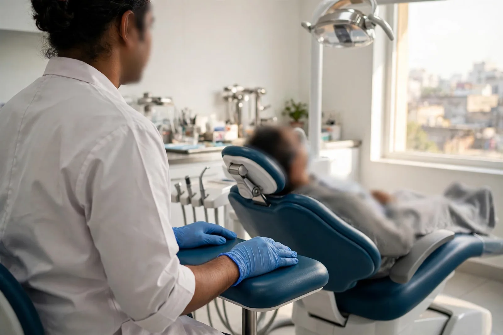 Dr. Aakash Kumar Singh at work in the treatment room at Shivaaye Dental Hospital