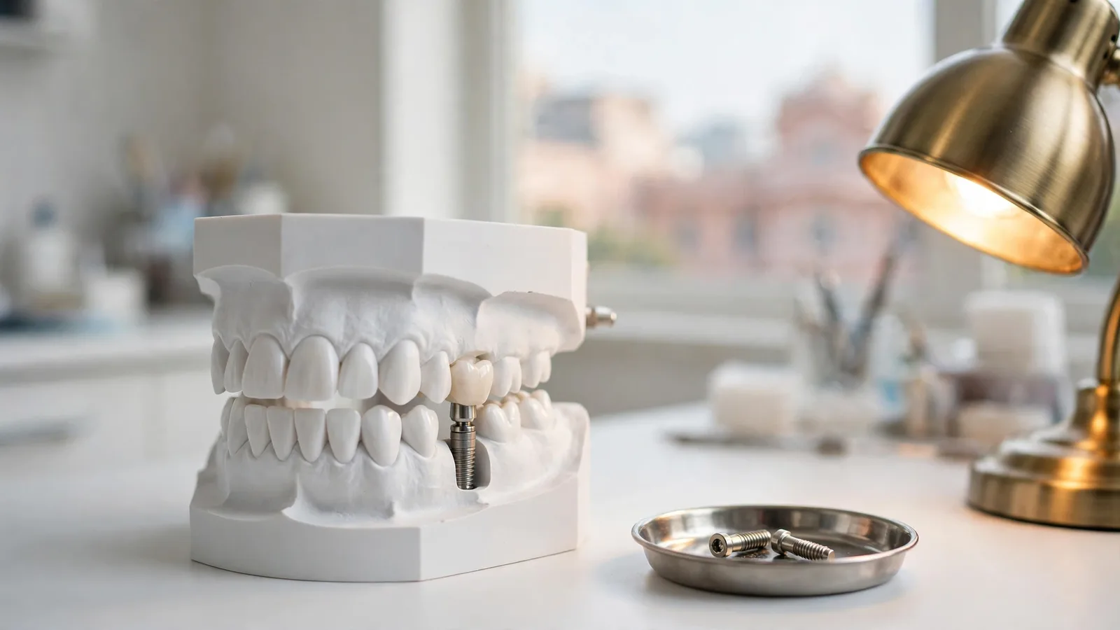 A dental implant and ceramic crown shown on a study model
